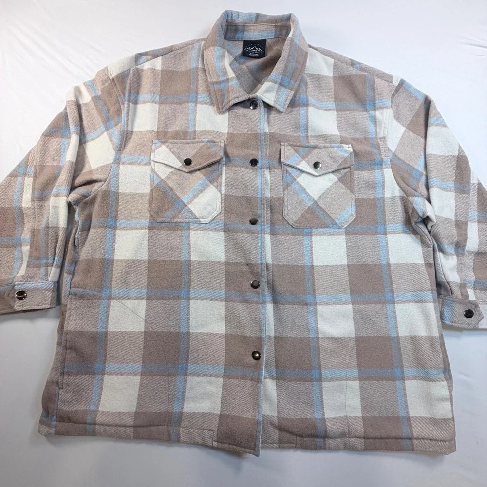 HFX Shacket Jacket Mens XXL Beige Blue Plaid Snap Front Wool Blend Overshirt